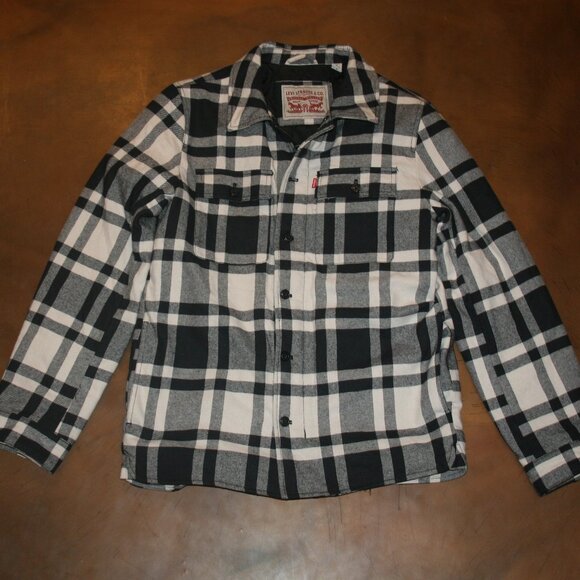 LEVI'S Jacket Small Black Plaid Quilted Flannel Shirt Shacket Warm Chest: 42" - Picture 8 of 9